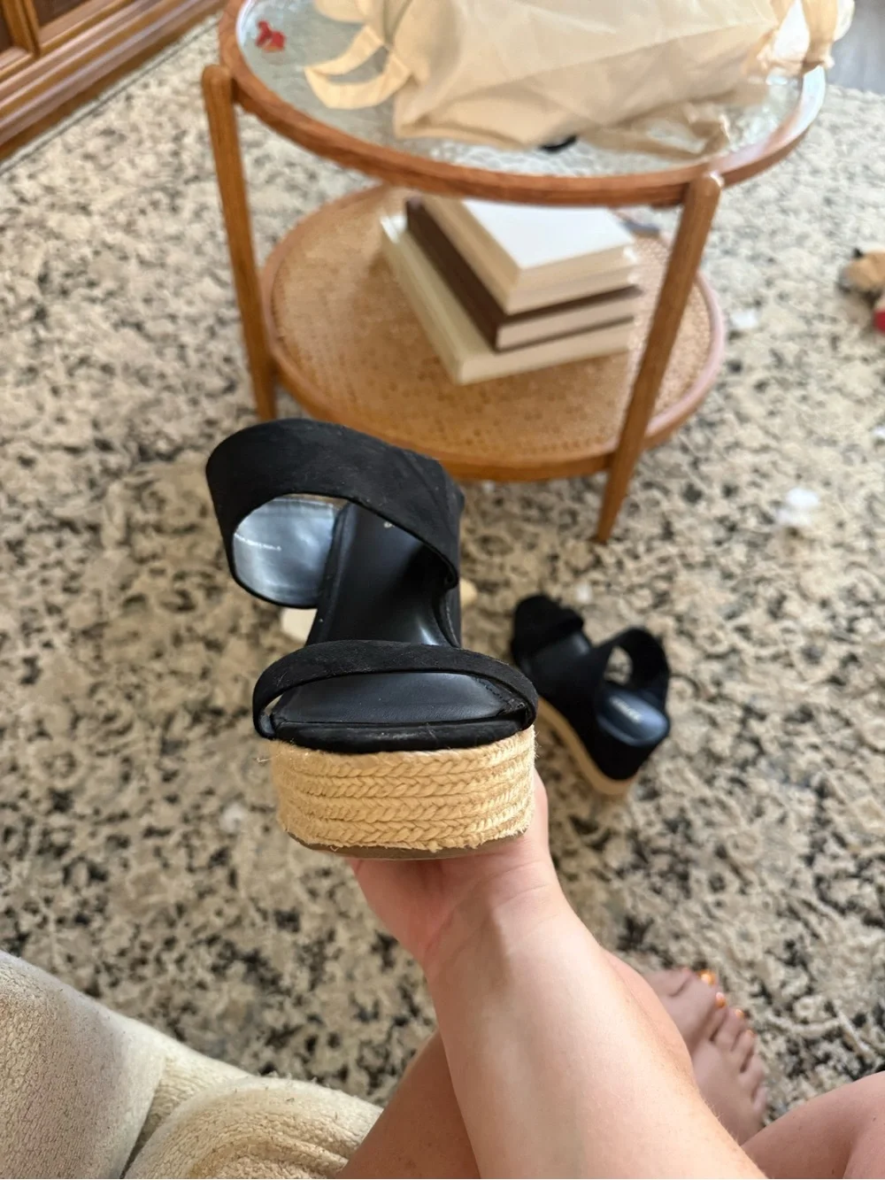 Express Black Suede Double Strap Wedges